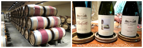 Barris de vinhos tintos da Robert Mondavi Winery e vinhos degustados no tour